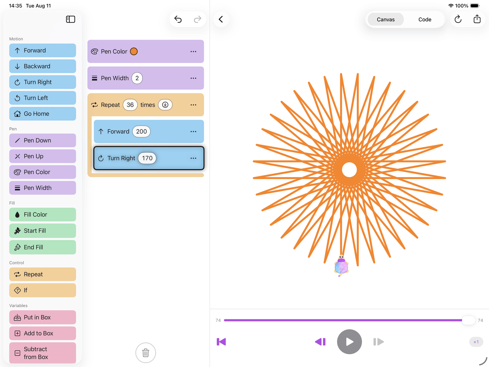 Tortoise Blocks on iPad: a palette of blocks on the left, a program
                in the middle, and an orange star drawn by the tortoise on the right.