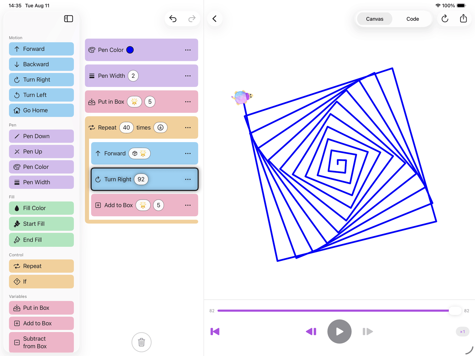 A repeat block on iPad holding forward, turn right and add-to-box,
                drawing a blue spiral.