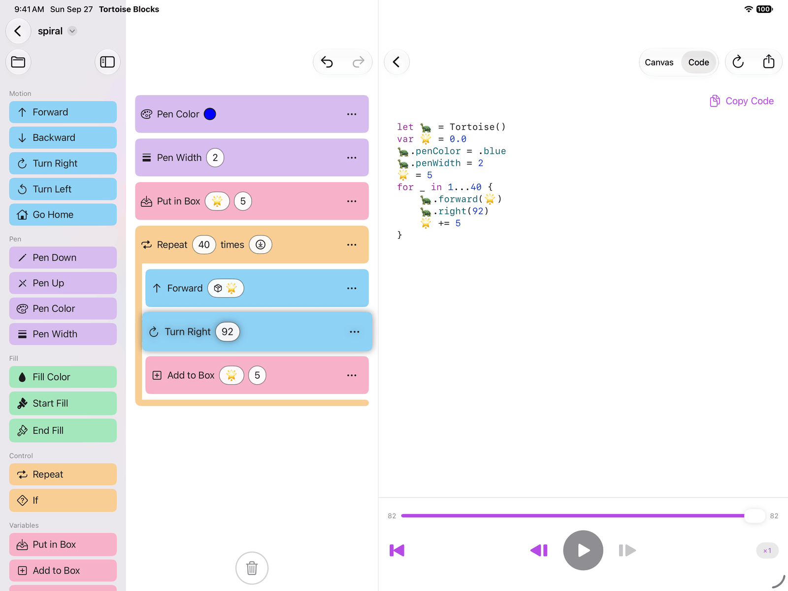 Tortoise Blocks on iPad with the code pane open: the blocks of the spiral program in the middle, and the same program as syntax-colored Swift on the right.