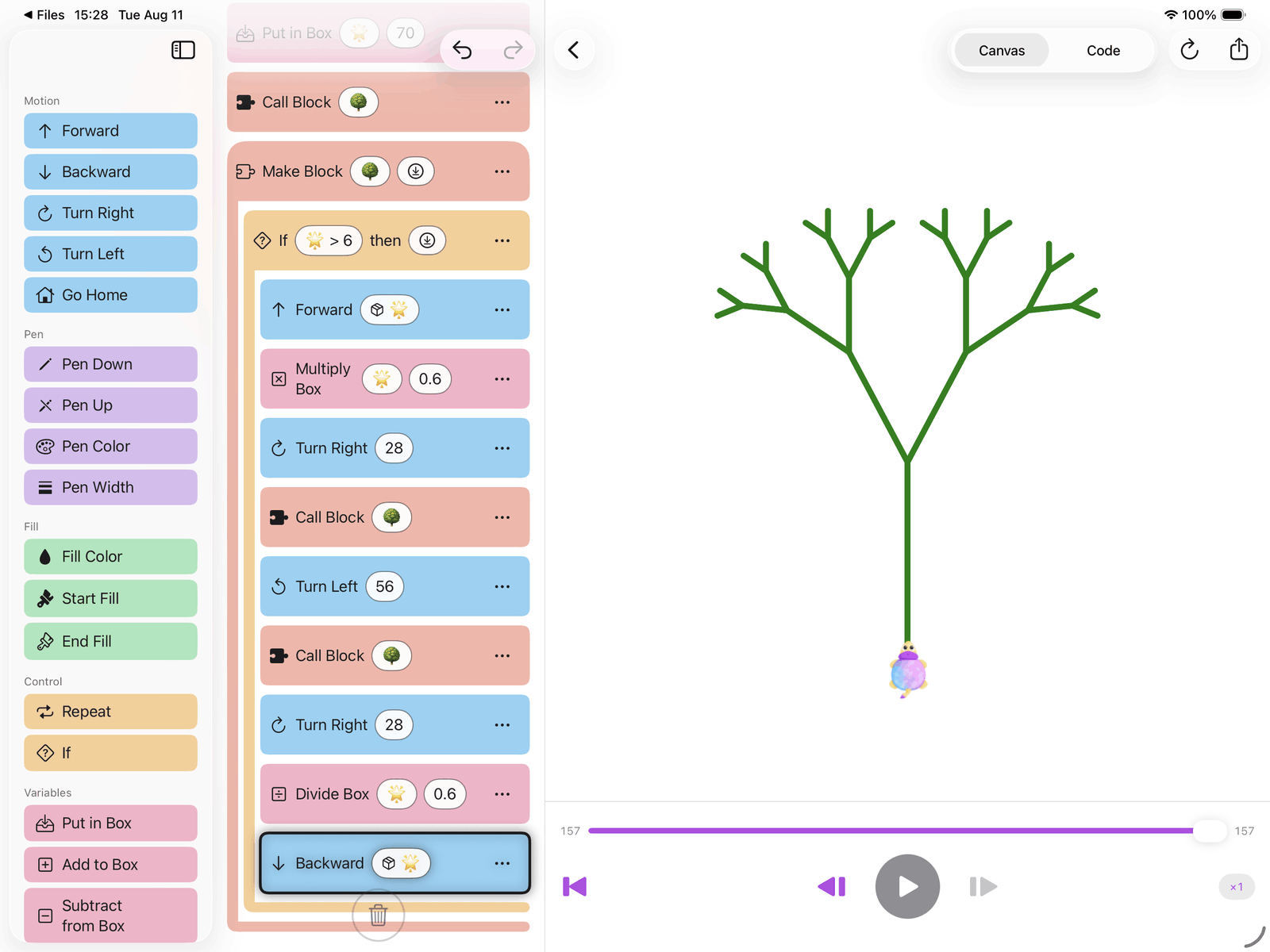A definition block named 🌳 on iPad, holding an if block that moves
                forward and calls 🌳 twice, with the fractal tree it draws beside it.