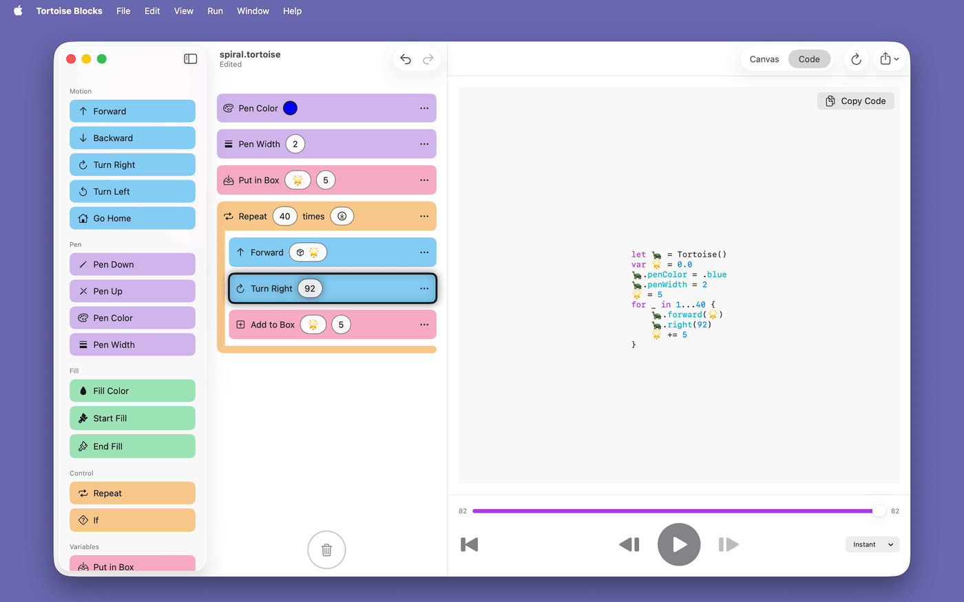 The code pane on a Mac showing the spiral program as Swift source.