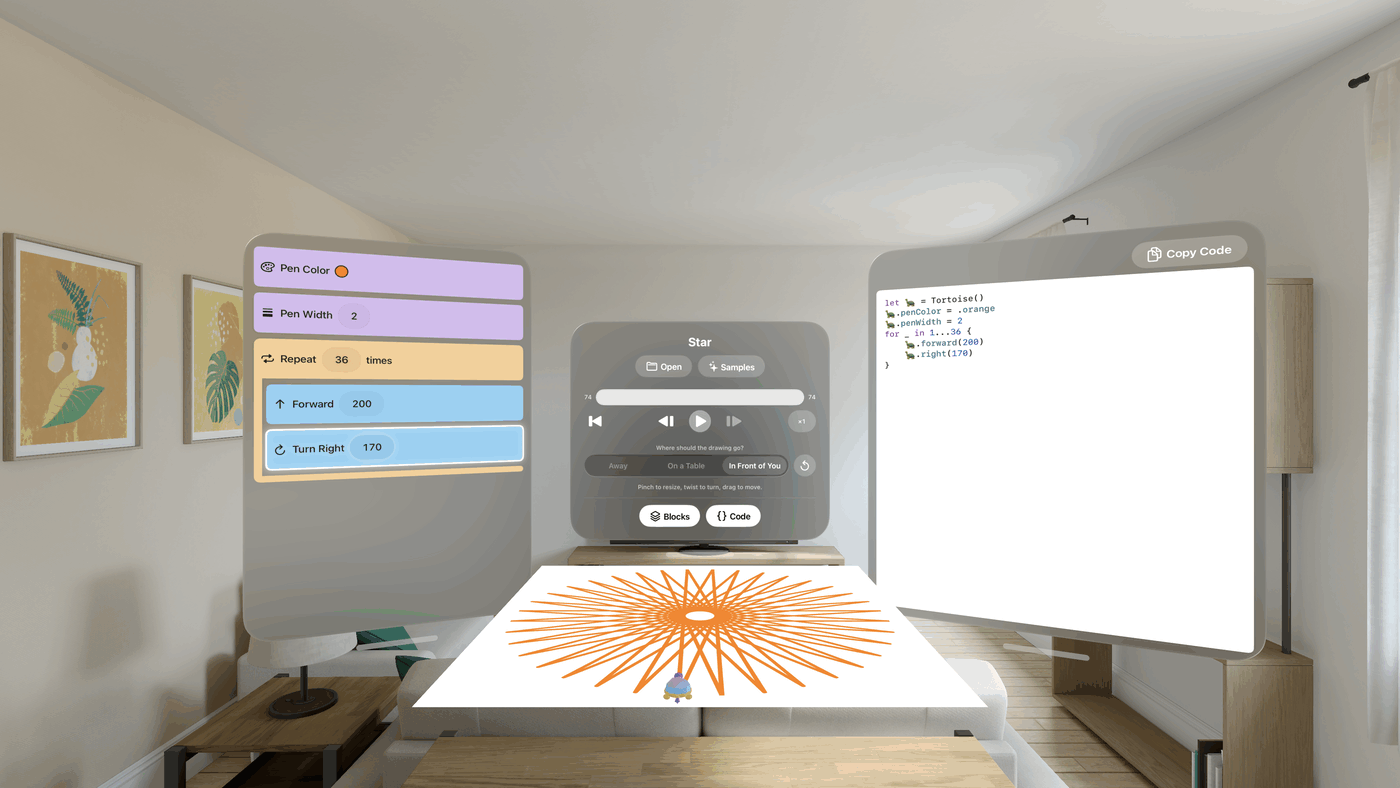 A drawing of an orange star lying on a table in a room, seen through
                Apple Vision Pro, with a small tortoise standing on the paper and the
                blocks and the Swift code open in windows on either side.